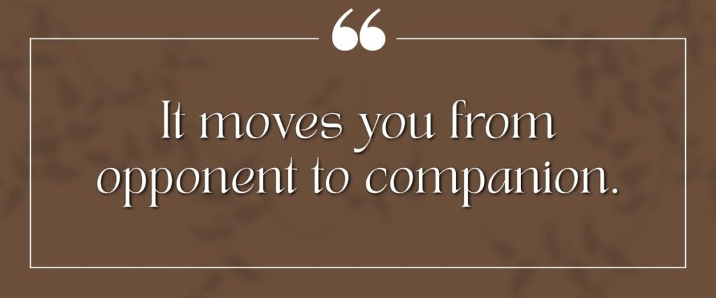 River & Ember quote card reading, It moves you from opponent to companion.